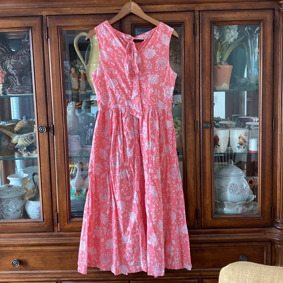 JCREW Factory Tie Neck Vivid Coral & white Floral MIDI Dress With Pockets - Picture 5 of 14